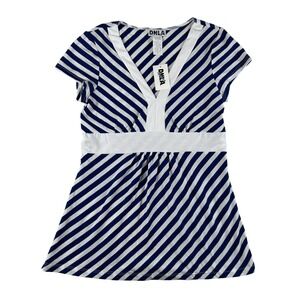 Vintage DNLA Shirt Womens XL Babydoll Striped V-Neck Top Jersey Stretch Y2K 2000